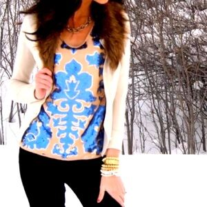 Neiman Marcus Tracy Reese Short Sleeve Large Beige Blue Sequin Embellished